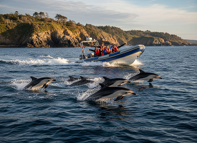 Chile Guanaco Island Magellan Dolphins boat riding